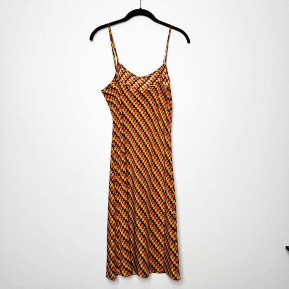 LHD Silk Slip Mini Dress in Retro Orange Brown Plaid Print Size US 6 - Picture 4 of 7